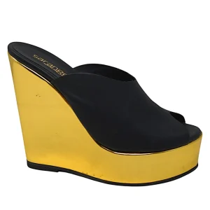 Ciabatta zeppa nero laminato oro - LIB402N