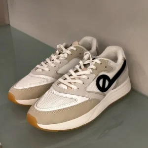 Sneakers NO NAME in tessuto bianco più riporto in pelle tortora logo nero