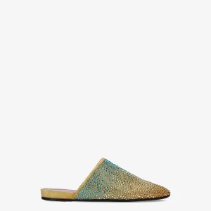 Leather clogs with light blue gradient rhinestones