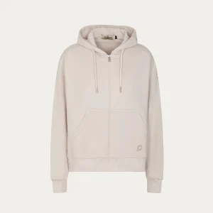 Felpa beige con cappuccio, zip e tasche a marsupio