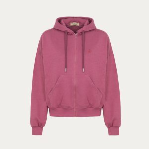 Felpa cropped rosa con cappuccio, zip e tasca a marsupio