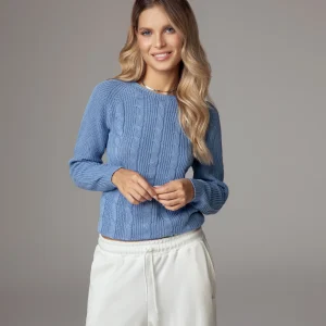 Maglione girocollo con treccia in cotone organico cielo