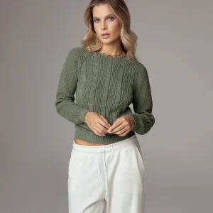 Maglione girocollo con treccia in cotone organico foresta