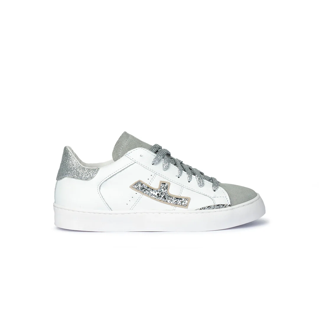 Sneaker in pelle bianca con dettagli glitter argento Donna