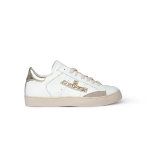 Sneaker in pelle bianca con dettagli glitter oro Donna