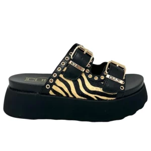 Ciabatta platform animalier nero con borchie - CLW430L